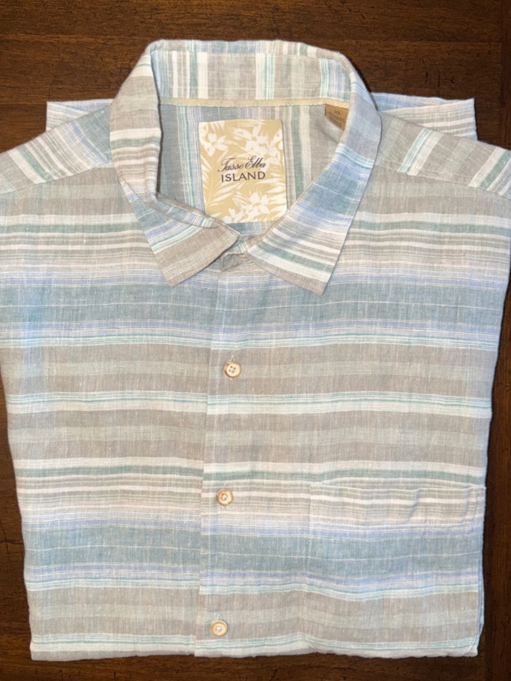 Tasso Elba Island Green Stripe Short Sleeve, Button Up Shirt XL, Linen Blend